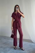 ÇİZGİLİ POLYVİSKON BLUZ - PANTOLON TAKIM - Bordo resmi